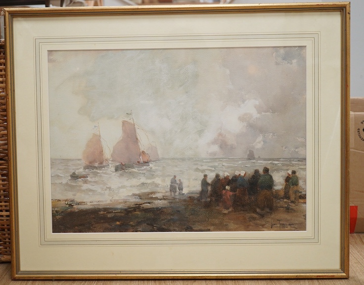 John Terris (Scottish, 1865-1914), watercolour, Dutch fisherfolk on a beach, signed, label verso, 37 x 53cm. Condition - fair